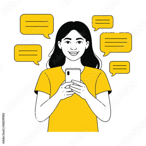 Smiling woman texting on smartphone with chat bubbles illustration