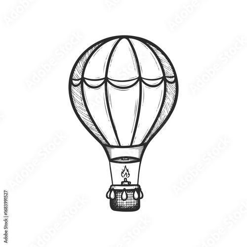 Vintage-style hot air balloon sketch with detailed design on white background