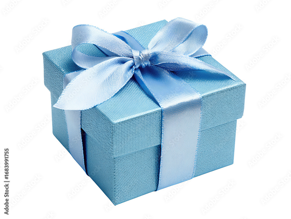 Fototapeta premium A square blue ribbon gift box with satin bow on top, shown with slight perspective tilt, isolated on transparent background. 