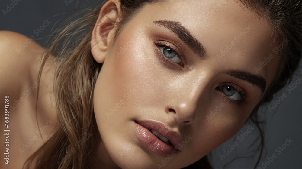 Fototapeta premium Belleza femenina con mirada intensa y sofisticada, luciendo maquillaje de ojos glamuroso con glitter, pestañas voluminosas y piel radiante, ideal para campañas de belleza y moda.