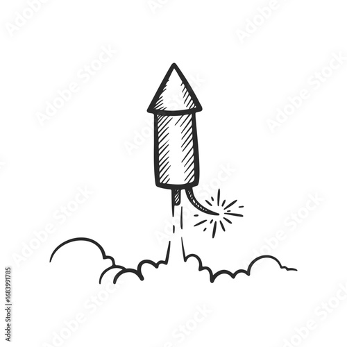 Hand-drawn rocket taking off with smoke and spark