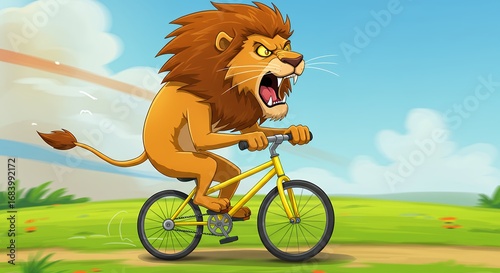 Cartoon lion riding a bicycle