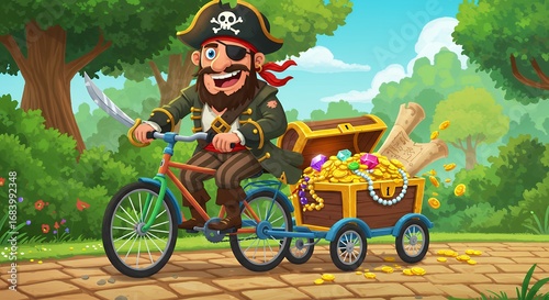Cartoon pirate riding bicycle with treasure chest