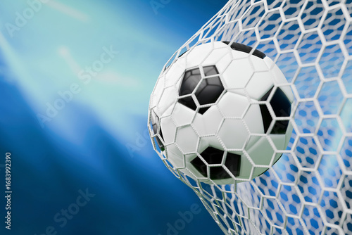 Soccer ball hitting the net in a stadium under bright lights, symbolizing goal, victory, and excitement of the game. Ideal for sports, competition, success, and teamwork themes