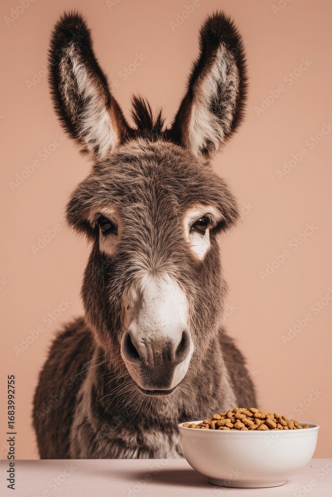 Fototapeta premium cute donkey portrait with a bowl of food on neutral background farm animal fluffy donkey