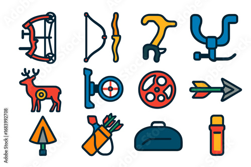 Bow Hunting Icons. Flat vector icons of bow hunting: compound bow, recurve bow, bow release aid, arrow rest, target deer