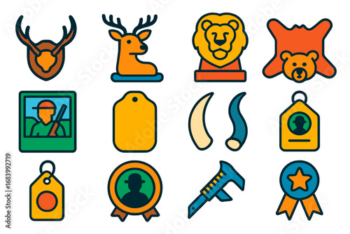 Trophy Hunting Icons. Flat vector icons of trophy hunting: mounted antlers, taxidermy deer, lion bust, bear rug, hunter photo,