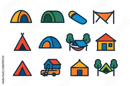 Camping Shelter Icons. Flat vector icons of camping shelters: dome tent, tunnel tent, bivy sack, tarp shelter, teepee tent, pop-up