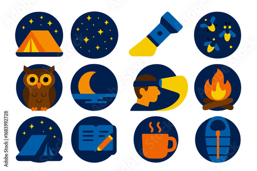 Night Camping Icons. Flat vector icons of night camping: glowing tent, starry sky, flashlight beam, fireflies, night owl, moonrise
