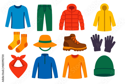 Camping Clothes Icons. Flat vector icons of camping clothes: thermal shirt, hiking pants, insulated jacket, raincoat, wool socks,