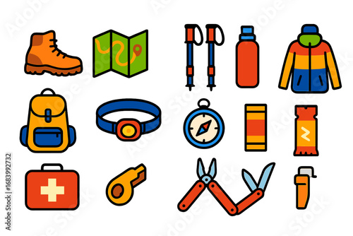 Hiking Essentials Icons. Flat vector icons of hiking essentials: hiking boots, trail map, trekking poles, hydration bottle,