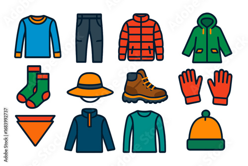 Camping Clothes Icons. Flat vector icons of camping clothes: thermal shirt, hiking pants, insulated jacket, raincoat, wool socks,