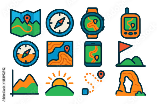 Hiking Navigation Icons. Flat vector icons of hiking navigation tools: paper map, compass, GPS watch, handheld GPS, altimeter,