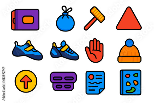 Bouldering Gear Icons. Flat vector icons of bouldering gear: crash pad, chalk ball, climbing brush, problem route marker,