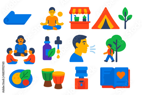Wellness Festival Icons. Flat vector icons of wellness festivals: yoga mat, guided meditation, smoothie bar, holistic tent, calm
