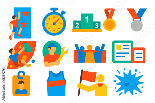 Climbing Competition Icons. Flat vector icons of climbing competitions: speed wall, timing clock, podium, medals, bouldering final