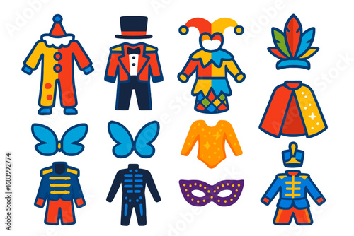 Carnival Costume Icons. Flat vector icons of carnival costumes: clown suit, ringleader outfit, jester attire, harlequin dress,