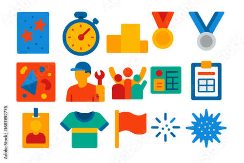 Climbing Competition Icons. Flat vector icons of climbing competitions: speed wall, timing clock, podium, medals, bouldering final