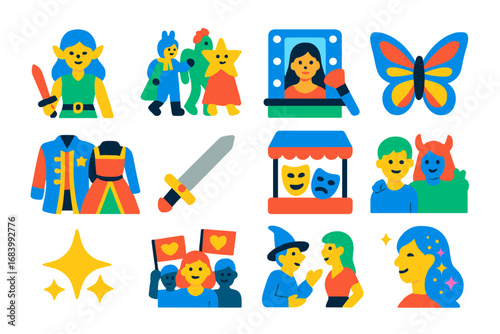 Festival Costume Icons. Flat vector icons of costume festivals: fantasy cosplay, character parade, makeup station, wing
