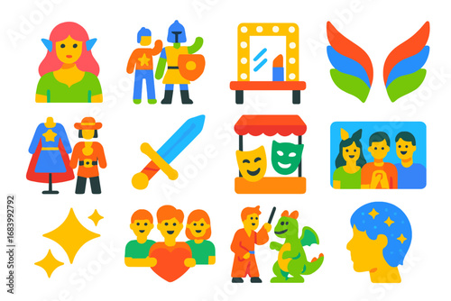 Festival Costume Icons. Flat vector icons of costume festivals: fantasy cosplay, character parade, makeup station, wing