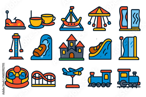 Carnival Ride Icons. Flat vector icons of carnival rides: bumper cars, spinning teacups, pirate ship ride, swing ride, drop tower,