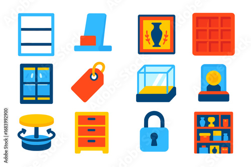Collectible Display Icons. Flat vector icons of collectibles display: glass shelf, acrylic stand, wall mount case, velvet tray,