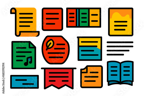 Poem Icon Collection. Flat vector icons of poem types: sonnet scroll, limerick block, haiku set, ode page, ballad sheet, elegy