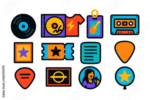 Music Collectibles Icons. Flat vector icons of music collectibles: vinyl record, signed CD, band tee, tour pass, concert ticket,