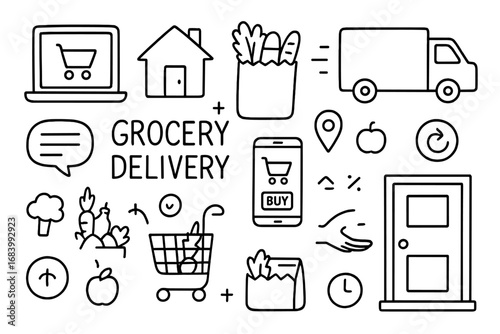 Grocery Delivery Icons. Grocery delivery doodle set: hand drawn icons for online food orders and contactless drop-offs, isolated