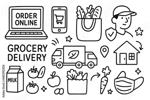Grocery Delivery Icons. Grocery delivery doodle set: hand drawn icons for online food orders and contactless drop-offs, isolated