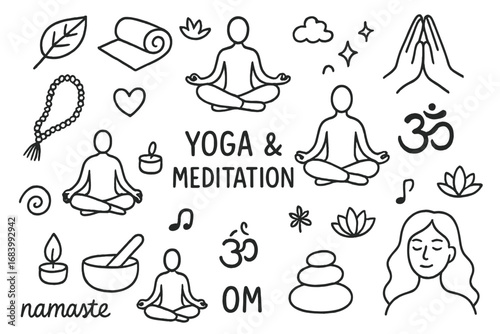 Mindfulness Doodle Set. Yoga and meditation doodle set: hand drawn icons for mindfulness practice and peaceful living, isolated