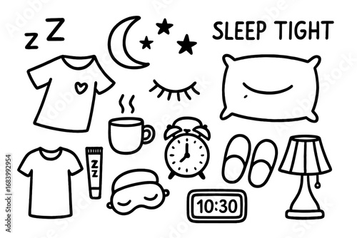 Cozy Sleep Essentials Icons. Sleep routine doodle set: hand drawn icons for bedtime habits, cozy items, and nighttime essentials,