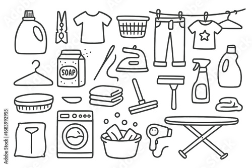 Laundry Icons Set. Laundry day doodle set: hand drawn icons for household cleaning and clothing care tools, isolated transparent