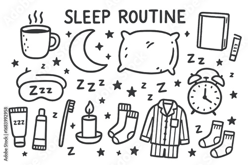 Cozy Sleep Essentials Icons. Sleep routine doodle set: hand drawn icons for bedtime habits, cozy items, and nighttime essentials,