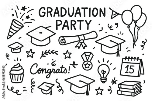 Graduation Celebration Icons. Graduation party doodle set: hand drawn icons for academic success and celebration items, isolated