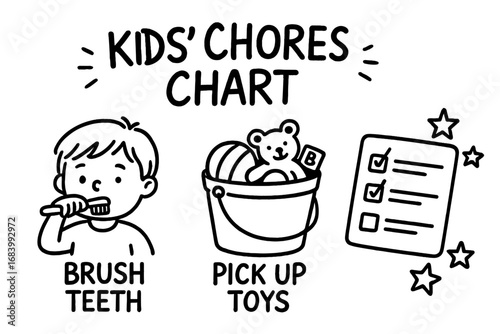 Kids' Chores Icons. Kids’ chores chart doodle set: hand drawn icons for brushing teeth, picking toys, and fun checklists, isolated