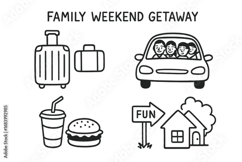 Family Vacation Icons. Family weekend getaway doodle set: hand drawn icons for suitcases, car rides, roadside snacks, and