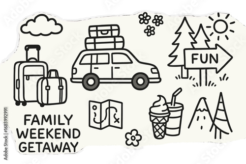 Family Vacation Icons. Family weekend getaway doodle set: hand drawn icons for suitcases, car rides, roadside snacks, and