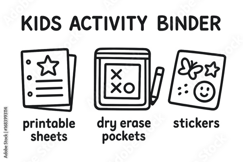 Kids Doodle Binder Icons. Kids activity binder doodle set: hand drawn icons for printable sheets, dry erase pockets, and stickers,
