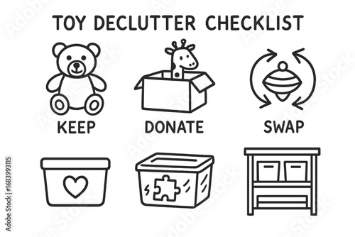 Toy Declutter Doodle Set. Toy declutter checklist doodle set: hand drawn icons for keep-donate-swap system and storage icons,