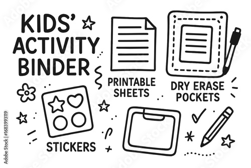Kids Doodle Binder Icons. Kids activity binder doodle set: hand drawn icons for printable sheets, dry erase pockets, and stickers,