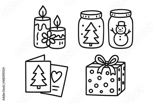Kids' Creative Holiday Gifts. Homemade holiday gifts with kids doodle set: hand drawn icons for candles, painted jars, cards, and