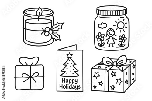 Kids' Creative Holiday Gifts. Homemade holiday gifts with kids doodle set: hand drawn icons for candles, painted jars, cards, and