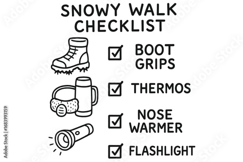 Snowy Walk Essentials. Snowy walk checklist doodle set: hand drawn icons for boot grips, thermos, nose warmers, and flashlight,