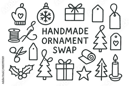 Festive Craft Icons. Handmade ornament swap doodle set: hand drawn icons for keepsake crafts, tags, wrapping, and holiday icons,