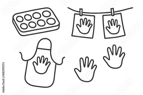 Handprint Craft Doodles. Kids handprint crafts doodle set: hand drawn icons for paint trays, aprons, drying lines, and hand