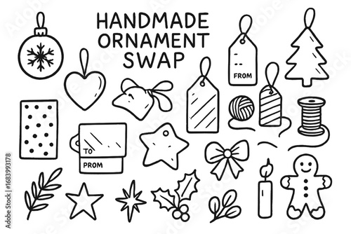 Festive Craft Icons. Handmade ornament swap doodle set: hand drawn icons for keepsake crafts, tags, wrapping, and holiday icons,