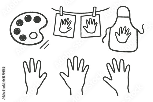 Handprint Craft Doodles. Kids handprint crafts doodle set: hand drawn icons for paint trays, aprons, drying lines, and hand
