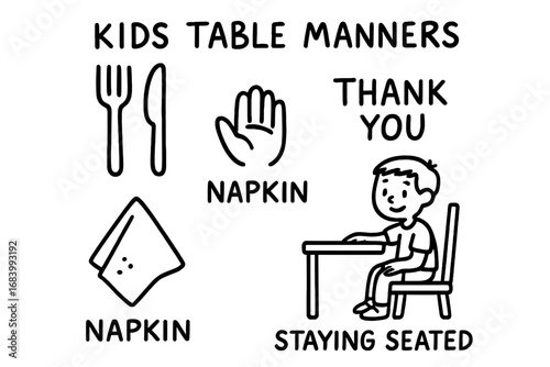 Kids Table Manners Doodles. Kids table manners chart doodle set: hand drawn icons for utensils, thank you, napkin, and staying