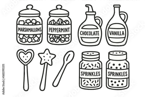 Cocoa Bar Doodle Set. Kids cocoa decorating bar doodle set: hand drawn icons for toppings jars, syrup, cookie spoons, and sprinkle